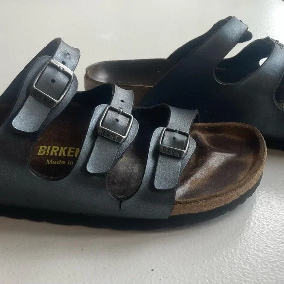 Silver Sheen Triple Strap Birkenstock Sandal Dark Brown Leather Footbed - Picture 2 of 6